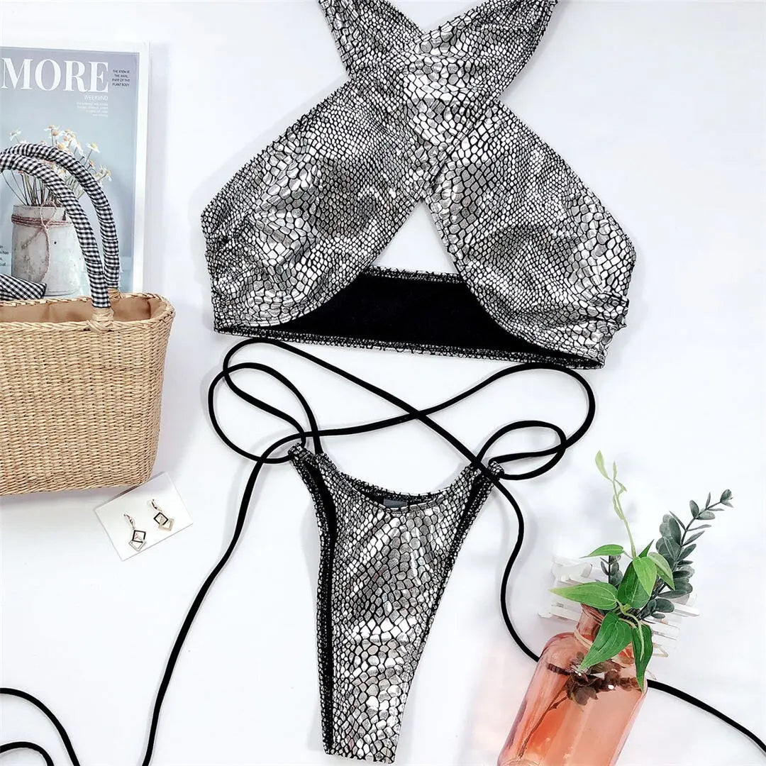 2026 Shiny Halter Thong Bikini Women Swimwear Female Swimsuit Two-Pieces Bikini Set Wrap Around Bather Bathing Suit Swim V2089