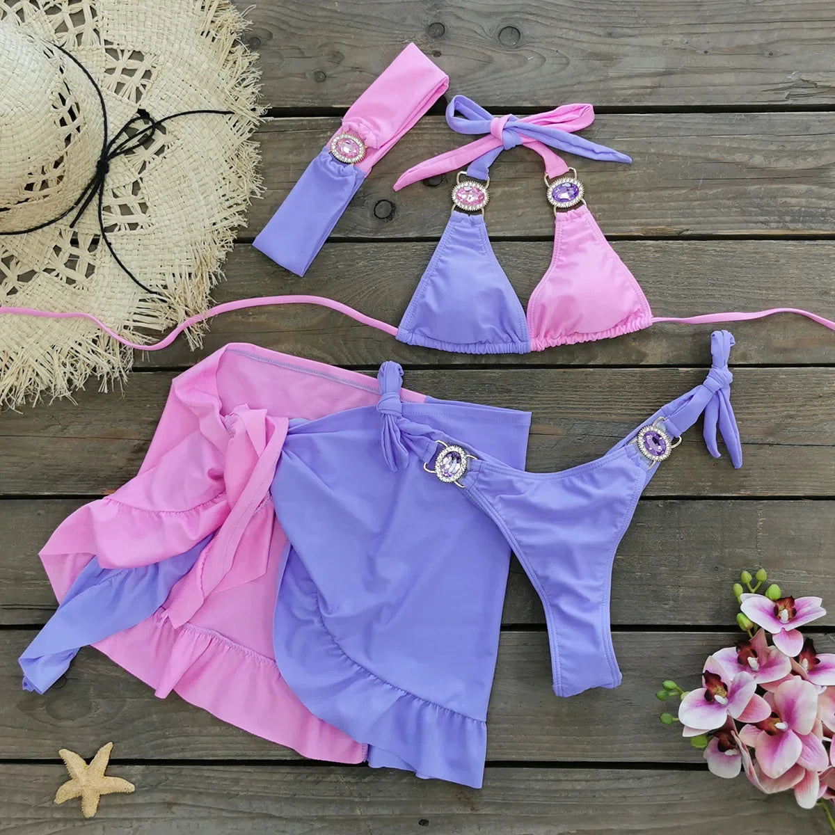 Sexy Skirt 4 Pieces Bikini Set Women Luxury Blue Patchwork Rhinestone Push Up Cover Up Swimsuit 2024 Beach Bathing Suit Swimwear