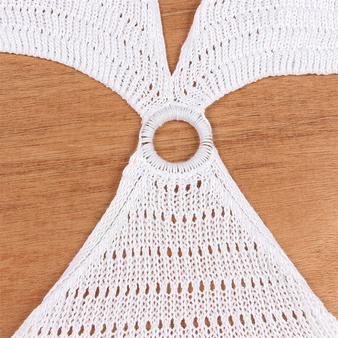 S - XL Crochet Knitted Backless Deep V Split Tunic Beach Cover Up Cover-ups Beach Dress Beach Wear Beachwear Female Women V4014