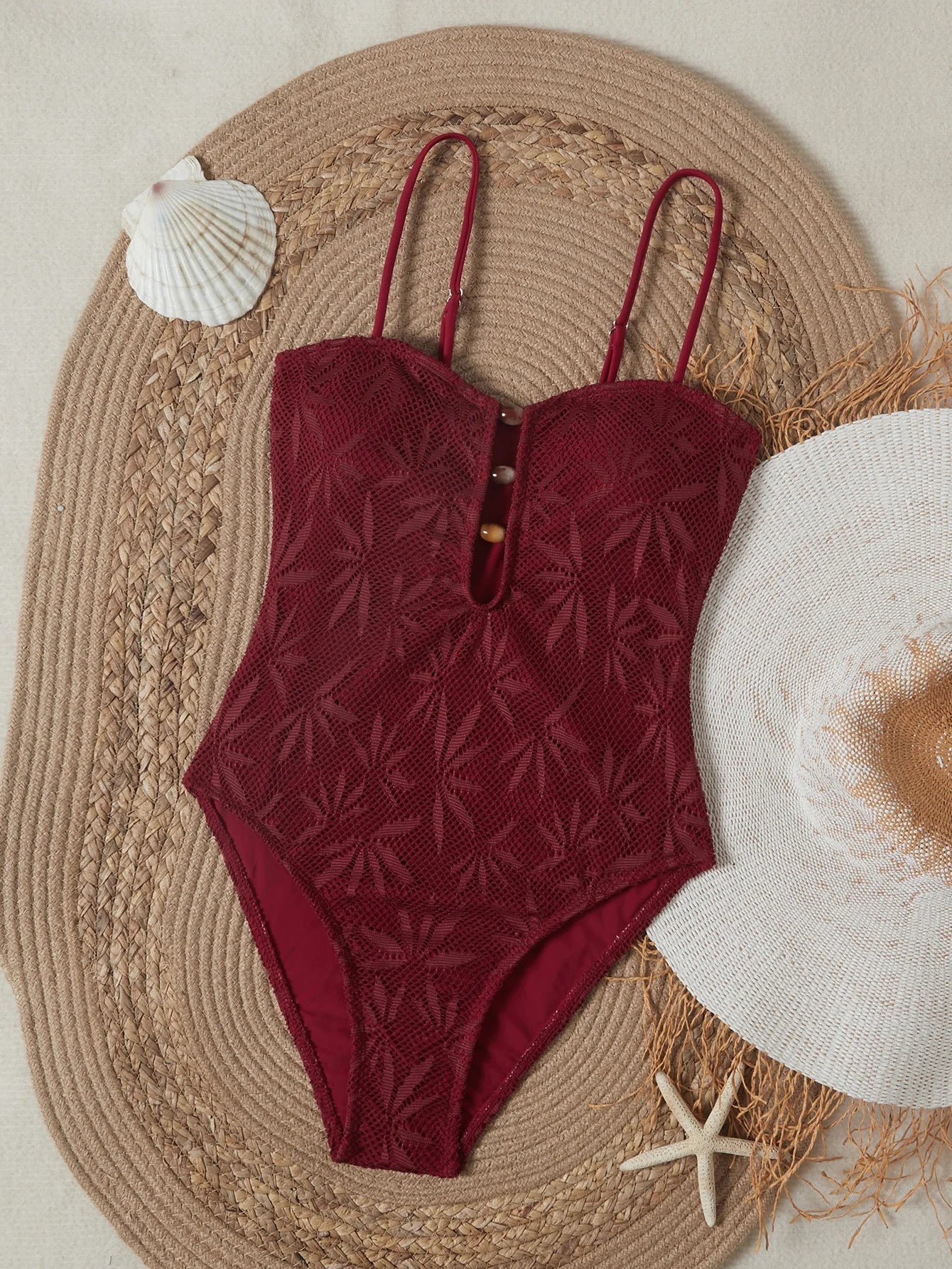 2026 Vintage Coffee Leaves Print One Piece Swimsuit Women Beaded String Hollow Out Backless Mesh Slim Fit Tummy Control Swimwear