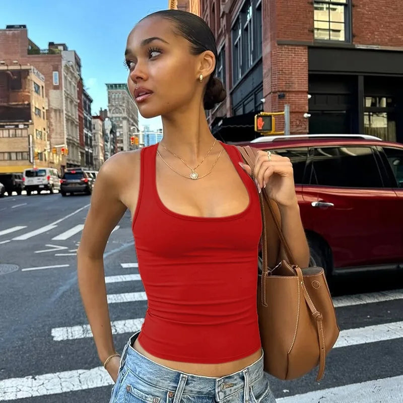 Women's Fashion Solid Tank Tops 2026 Streetwear Sleeveless T-shirt Female Square Collar Skinny Corset Y2K Girls Gray Crop Top
