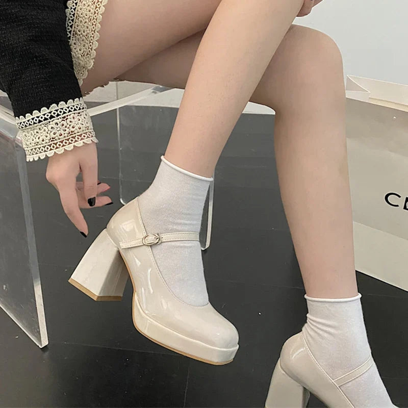 Patent Leather High Heel Mary Jane Shoes Women Elelgant Buckle Strap Platform Pumps Woman Chunky Heels Punk Lolita Shoes Female