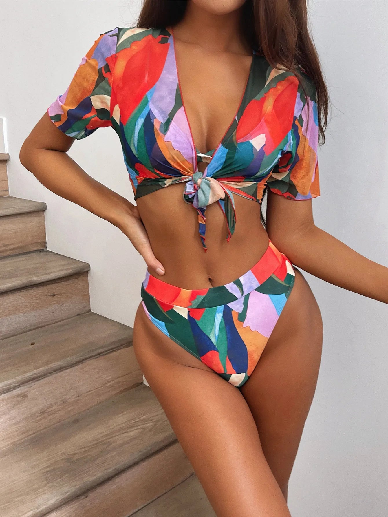 2026 Sexy Bikini Set Women 3-piece Print High Waist Swimwear Swimsuit Bikinis Set Bathing Suit Short Sleeve Cover Up Beach Mujer