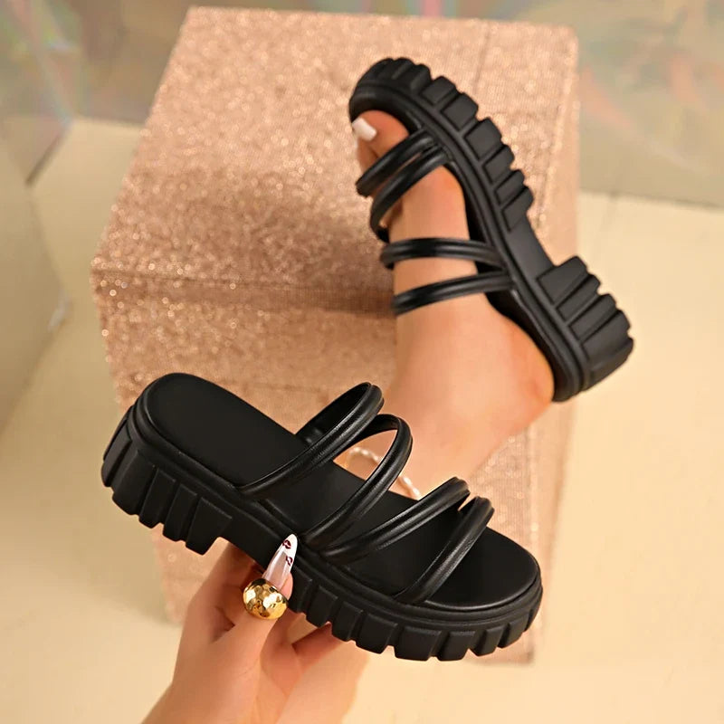 2026 Summer Chunky Platform Gladiator Sandals Women Spaghetti Strap Thick Bottom Slippers Woman Anti Slip Beach Sandles 35-43