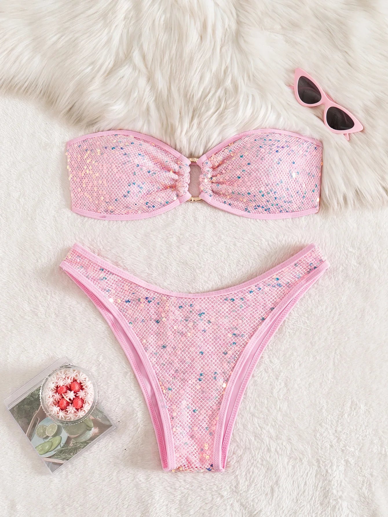 Shiny Sequin Bandeau Bikini Set 2026 Women Sexy Gold Front Circle Push Up Micro Swimsuit Bathing Suit Thong Swimwear Biquini