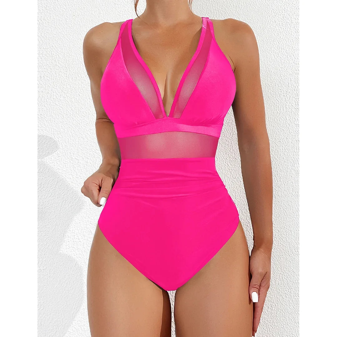 S - XL New Sexy Mesh Sheer V Neck Women Swimwear One Piece Swimsuit Female High Leg Cut Monokini Bather Bathing Suit Swim V5136