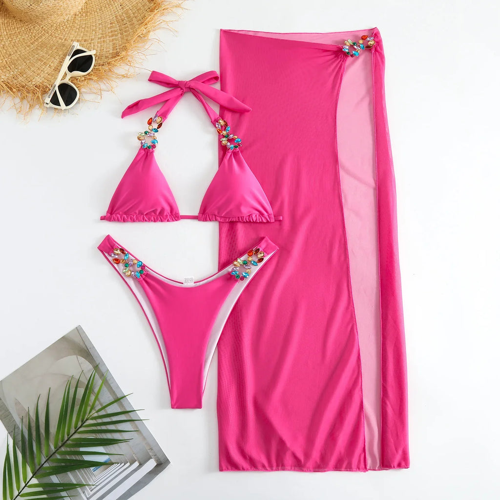 Mesh Skirt Halter Jewelled Diamond Bikini Female Swimsuit Women Swimwear Three-pieces Bikini Set Bathing Suit Swim Beachwear