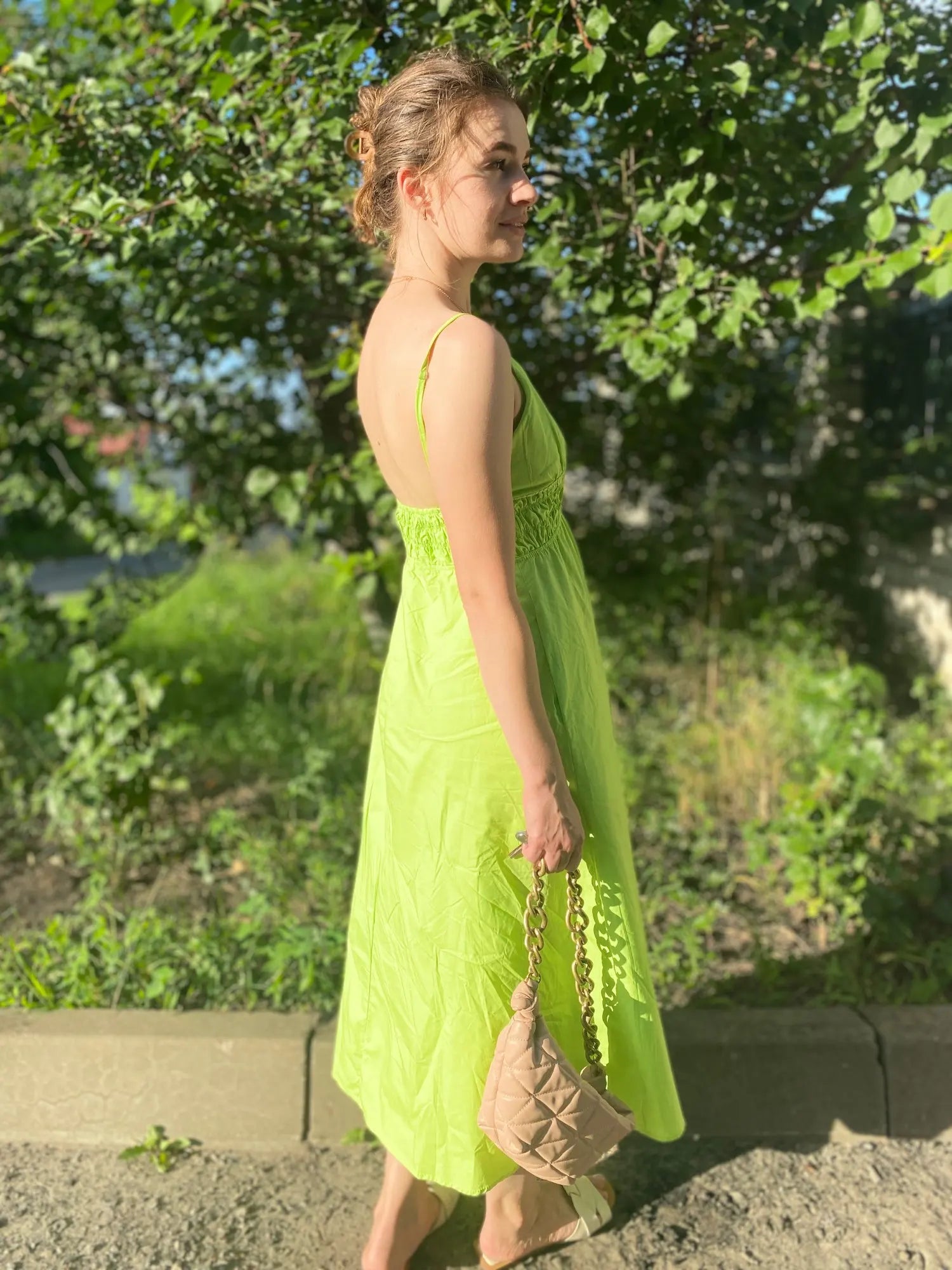 Foridol Elastic Smocking Green Cotton V Neck Summer Women's Dress Sleevless Long Green Maxi Casual Strapy Dress Solid Female