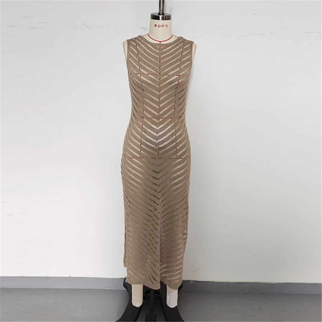 Hollow Out Sleeveless Crochet Knitted Tunic Beach Cover Up Cover-ups Mini Beach Dress Beach Wear Beachwear Female Women V6745