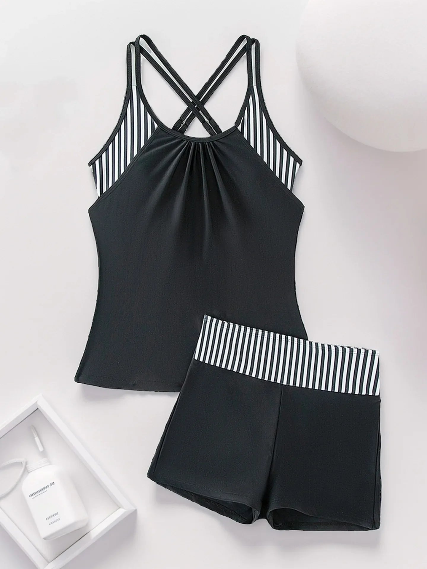 Women's Conservative 2 Piece Swimsuit Black Stripe Print Patchwork Tankini Bikini Set Suspender Cross Backless Bathing Suit 2025