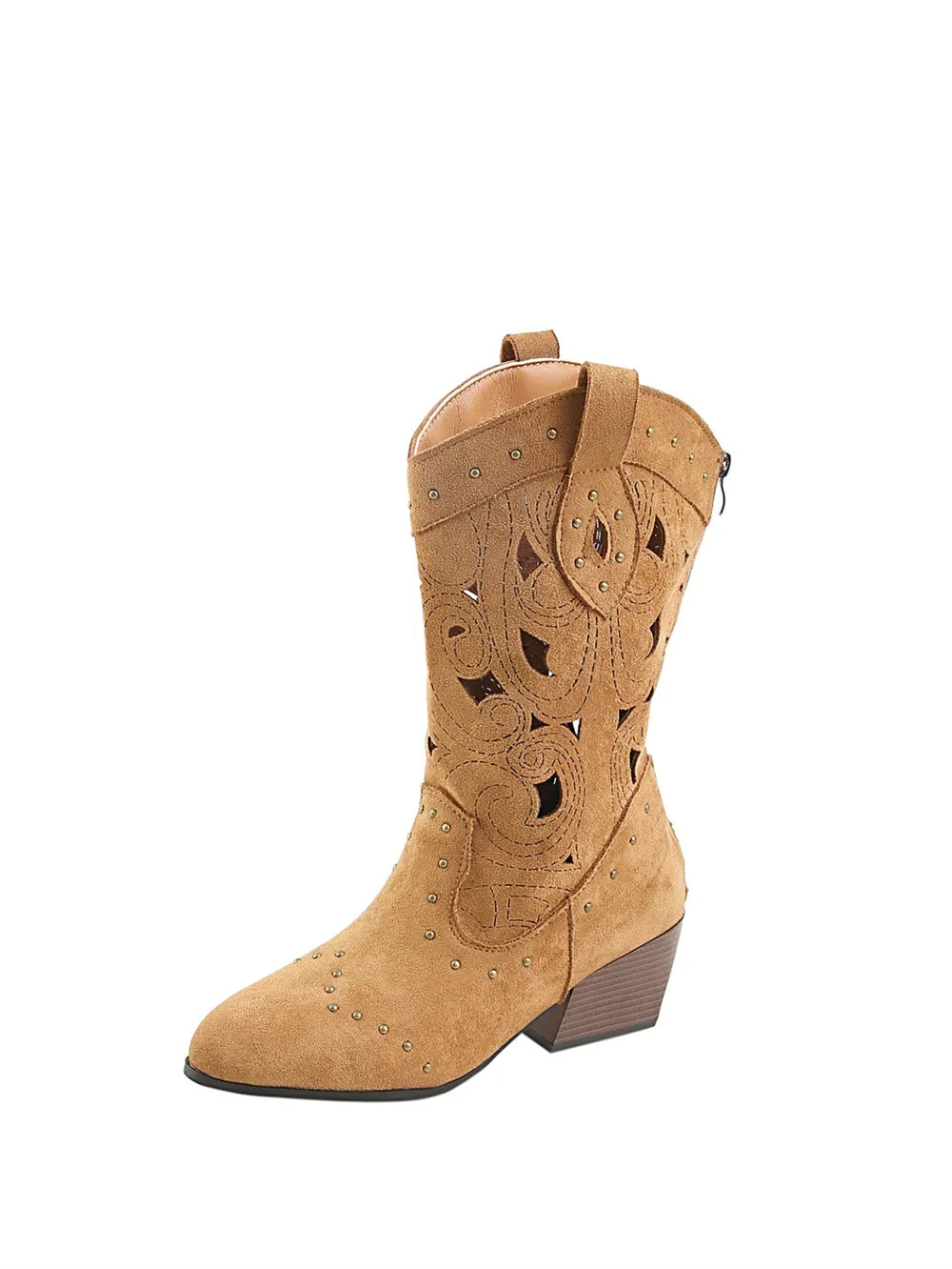 Big Size 43 Women's Wasteland Western Cutout Vegan Suede Cowboy Boots with Rivets 6cm Block Heel Summer Mid-Calf Boots Shoes