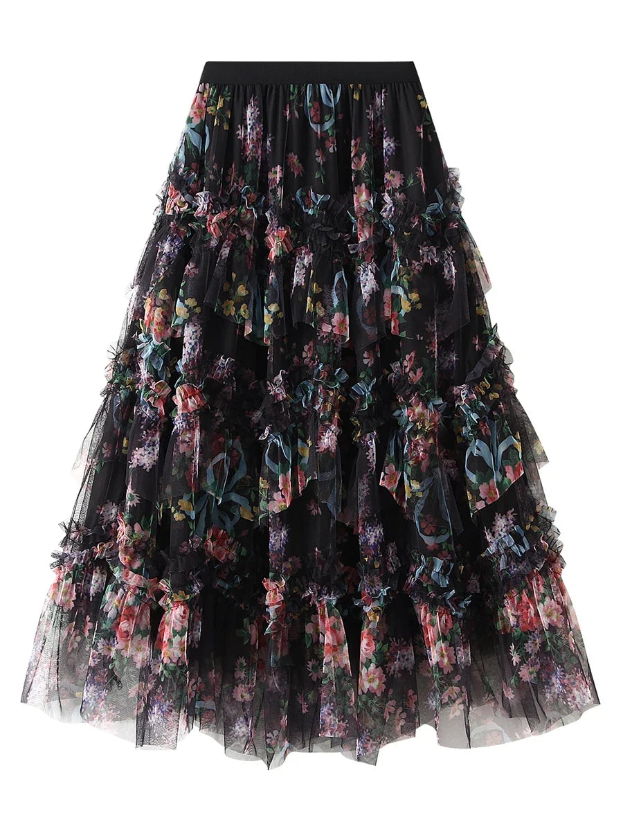 Early Fall Floral Print Ruffle Mesh Skirt Women Irregular Flowy A-line Midi Skirt for Travel, Beach, Shopping