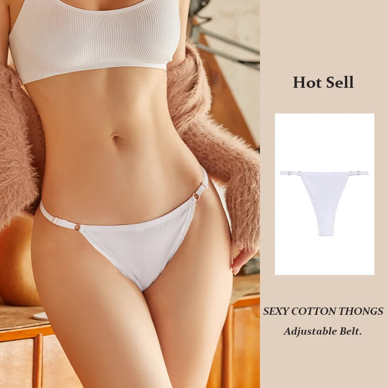 Sexy Women Cotton Thongs Adjustable Belt Seamless Panties Breathable Low Waist Lingerie Female Soft Solid Color Intimates