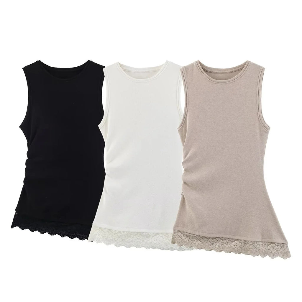 Women's Fashionable  Casual Pleated Lace Top Women Ruched Side Lace Trim Sleeveless Tank Top Casual Slim Fit Basic Tops 1JTD