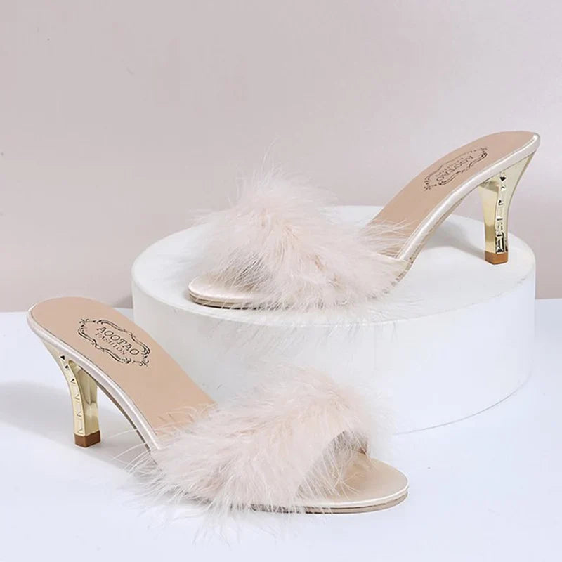 Summer Elegant Open Toe Plush Slippers for Women 2025 Suede High Heels Slippers Women Luxury Solid Thin Heels Woman Slides