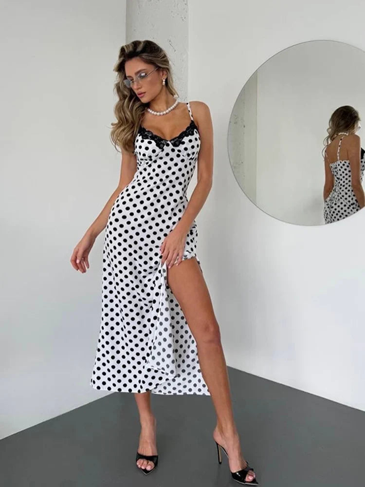 Ahagaga Fashion Women's Polka Dot Dresses Lace Patchwork Camisole Slit Slim Fit Sexy Female Casual Outfit Summer Beach Vestidos