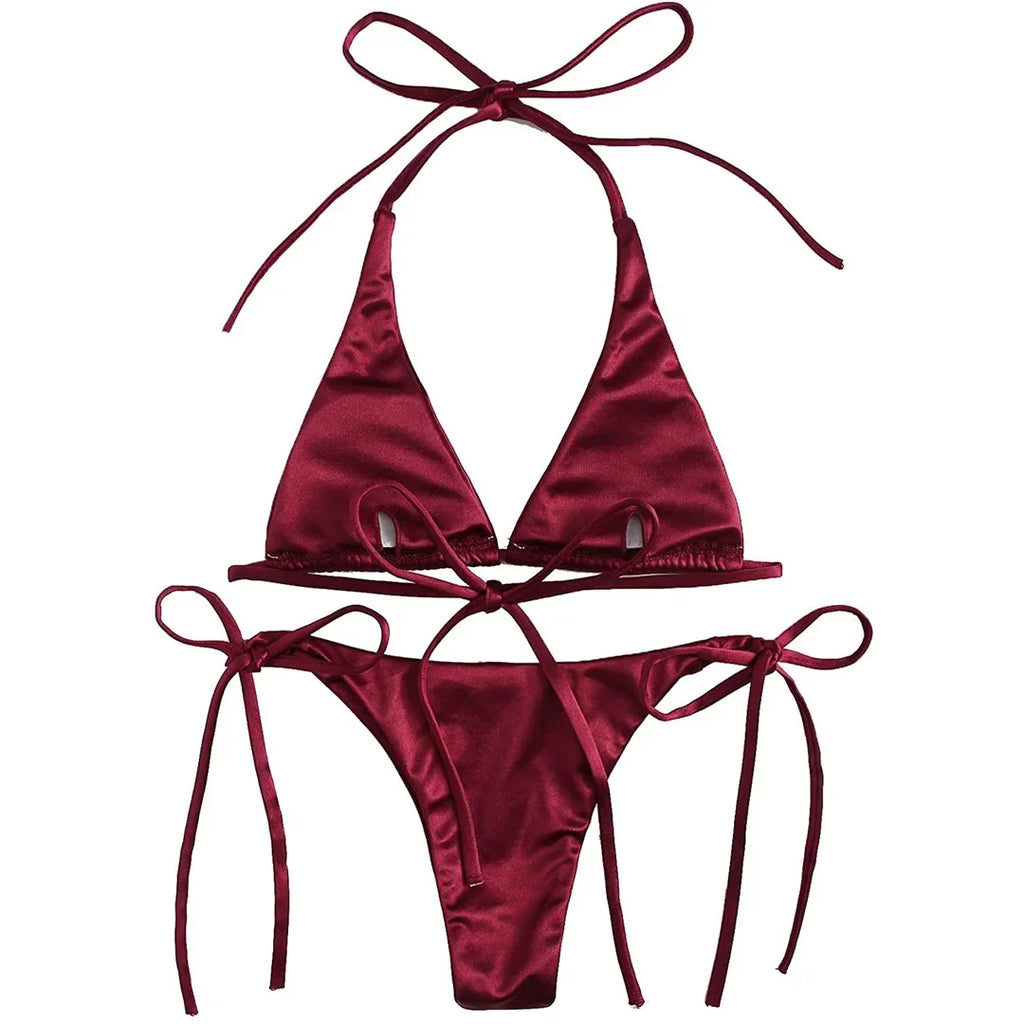 Sexy 13 Colors Halter Satin Brazilian Bikini Women Swimwear Female Swimsuit Two-pieces Bikini set Bather Bathing Suit Swim V4966