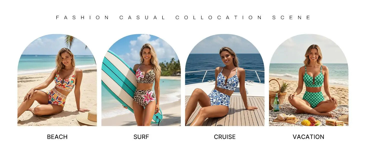 Women Sexy Floral Bikini High Waist Tummy Control Floral Bikini U Line Cross Back Padded Bikini Two Piece Beach Swimsuit