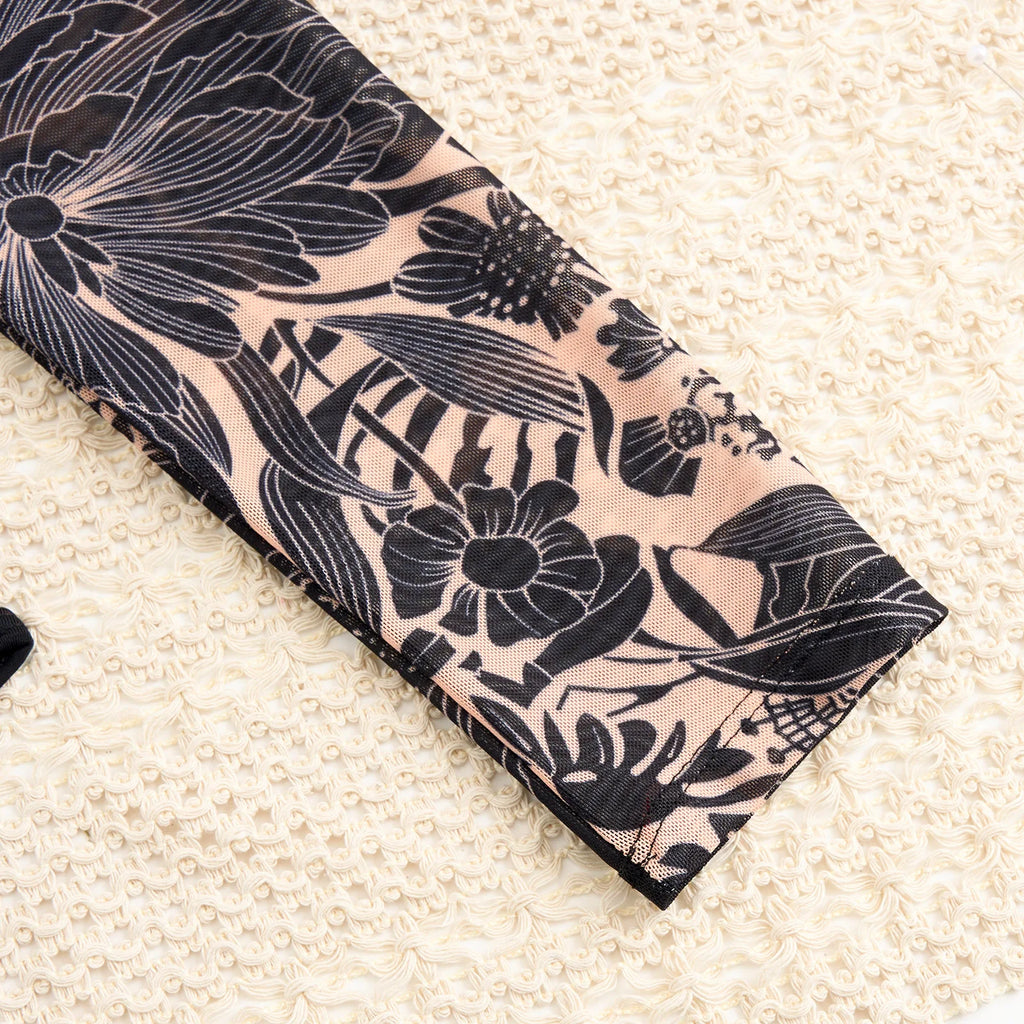 Vintage Black Floral Print One Piece Swimsuit Women Summer Long Sleeve Slim Fit Swimwear Skirt Set 2025 Holiday Bathing Suits