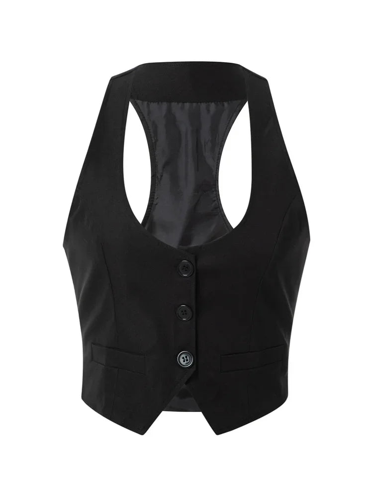 Women Waistcoat  Vintage Sleeveless V Neck Button Down Vest Blazer Fashion Top