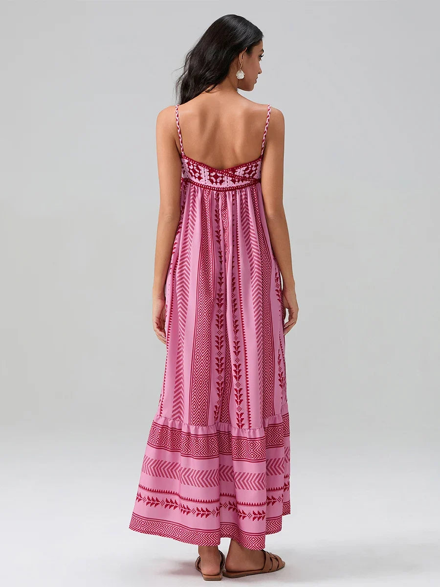 Women Summer Sleeveless Flowy Dress Geometric Print Knit Corset Ruffle A-line Long Dress Casual Party Bohemian Streetwear