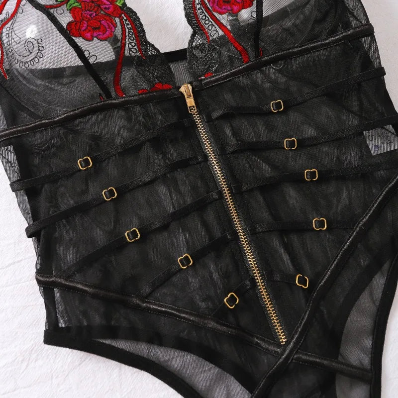Toucheart Sexy Lace Mesh Transparent Underwear Women V-Neck Sexy Suspender Bodysuit With Zipper Exotic Sexy Printing Jumpsuit