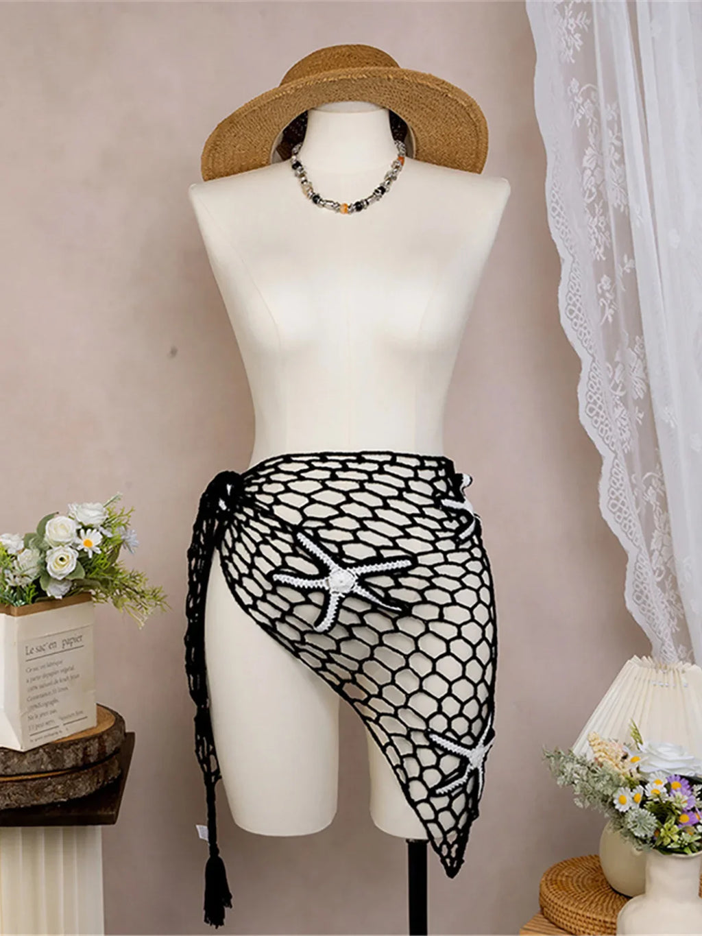 New 3D Star Hollow Out Crochet Knitted Sarong Pareo Beach Dress Beach Wear Beachwear Beach Cover Up Cover-upsFemale Women V7309