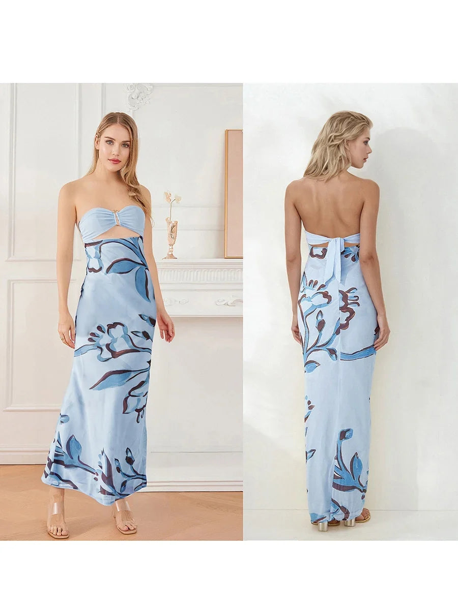 Women Floral Print Tie Backless Dress for Bohemian Party Evening Ring Cut Out Strapless Bodycon Long Dresses