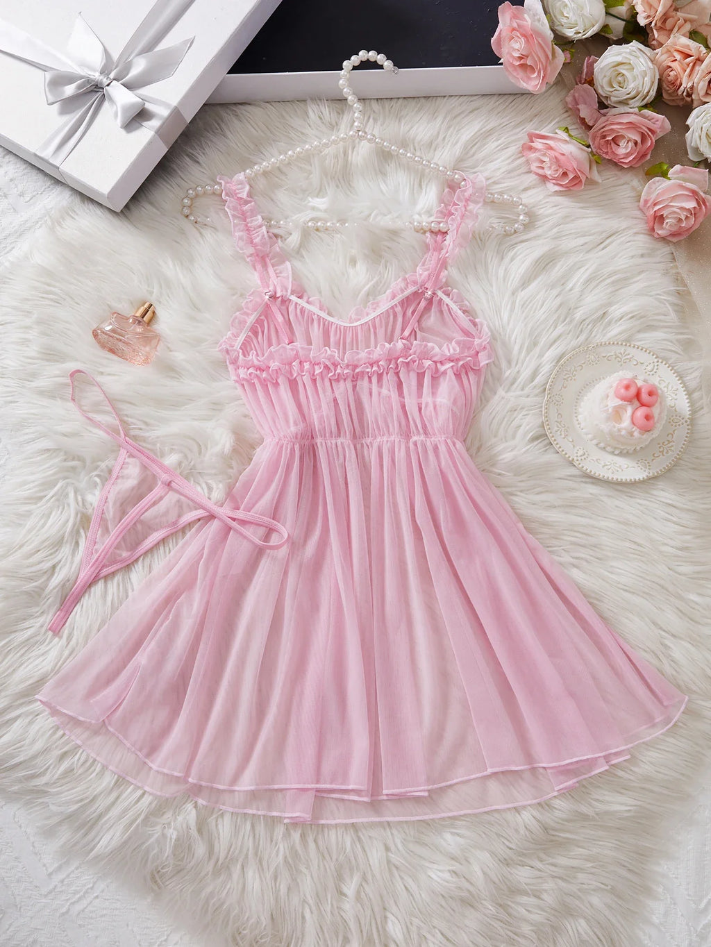 Women Perspective Mesh Nightdress Bow Wrapped Around Chest Pink Sexy Babydoll With Thong Erotic Sexy Lingerie Valentine Day Gift