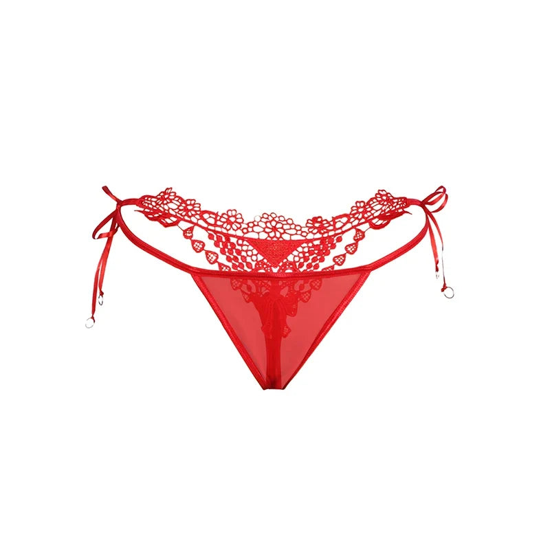 Women‘s Mesh Lace Panties Plus Size M-3XL Sheer Embroidered Flowers Low Rise Sexy Underwear with Ribbon Metal Ring Daily Wear