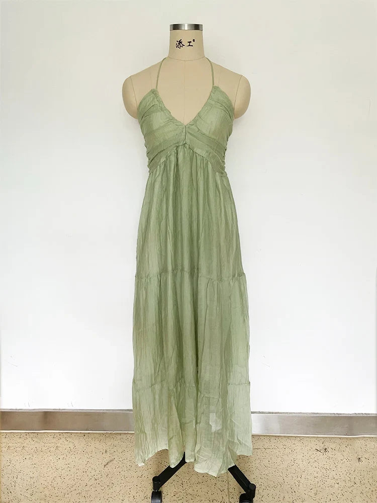 Foridol Backless Sexy Summer Dress for Women Off Shoulder Halter Long Dress Green V Neck Holiday Beach Sundress Party Boho Dress