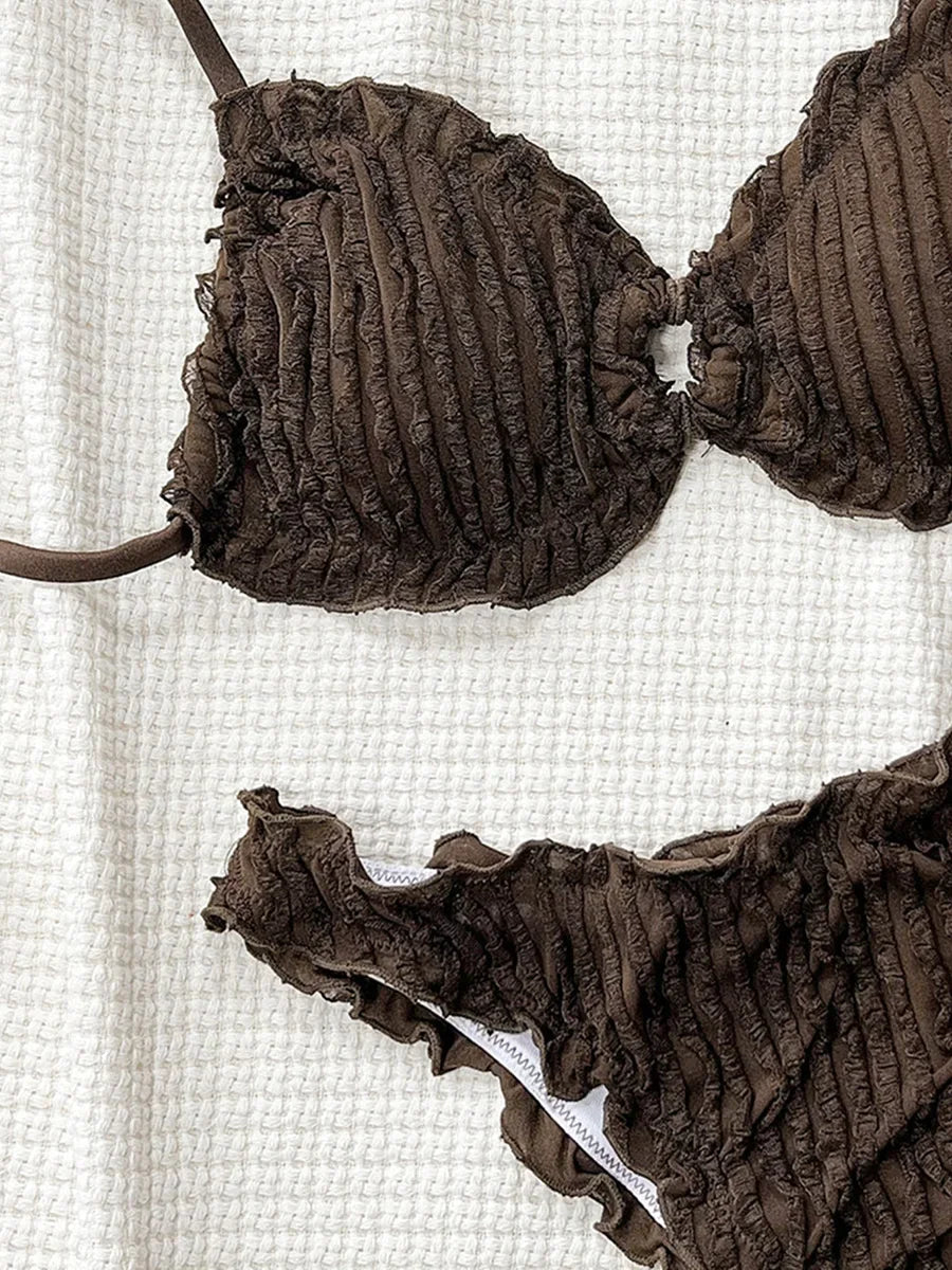 2026 Wrinkled Ruffled Halter Bikini Female Swimsuit Women Swimwear Two-pieces Bikini Set Bather Bathing Suit Swim Lady Beachwear
