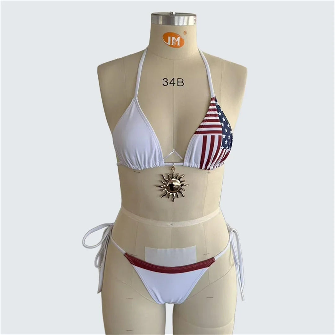 S - XXL Flag Printed Halter Bikini Women Swimwear Two-Pieces Bikini Set Female Swimsuit Strappy Bather Bathing Suit Swim V7543