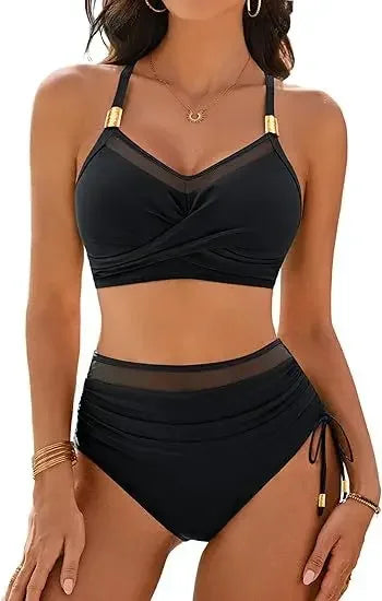 Sexy Fashionable Mesh Splice Drawstring Ladies Bikini Set Swimsuit New High Waist Trending Swimsuit Beach Bathing Suit