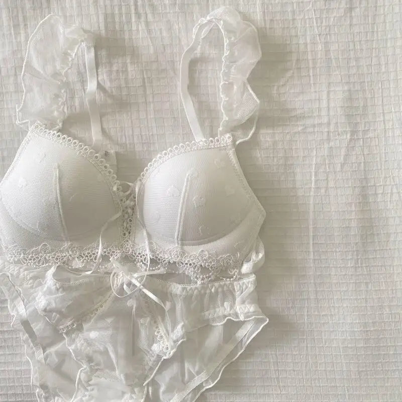 Japanese Kawaii Heart Print Lingerie, Sweet Wireless Bralette Set for Small Breasts, Comfortable Anti-Sagging Everyday Bra Set