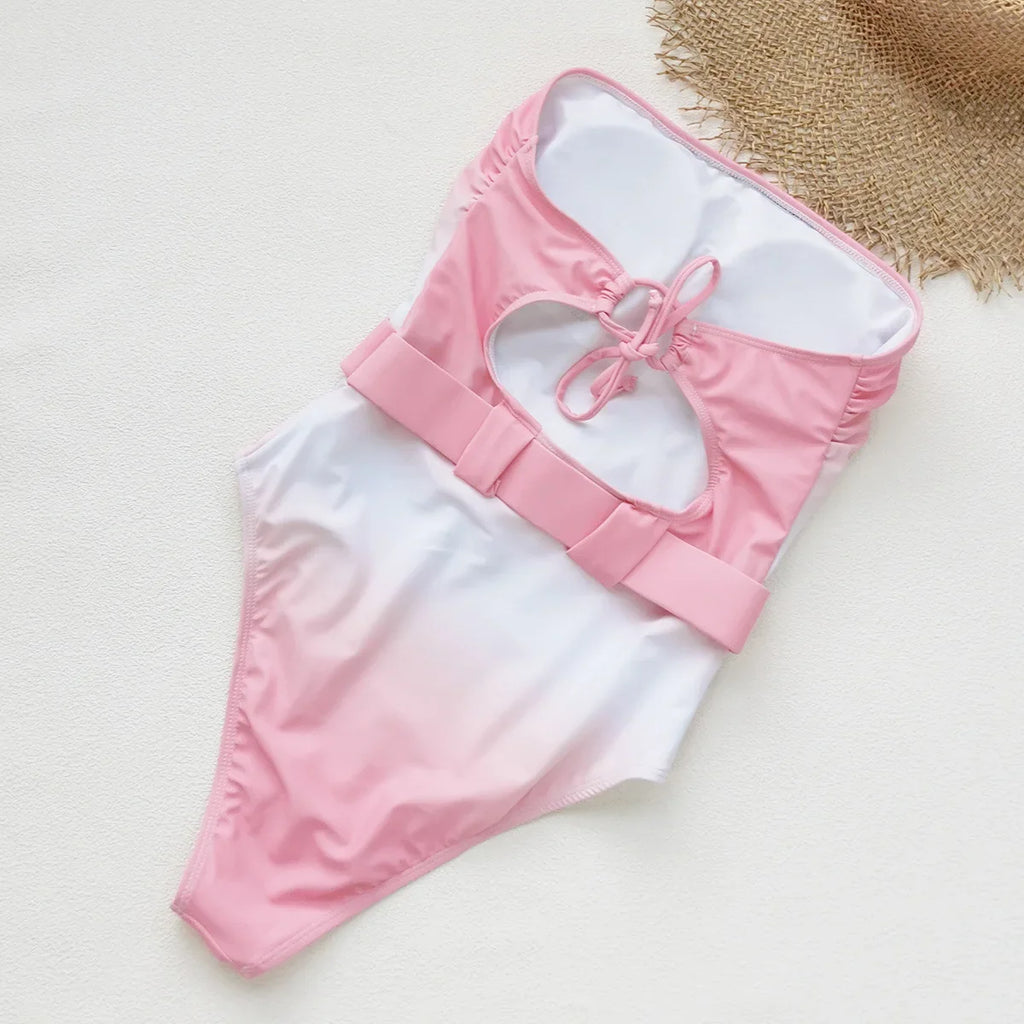 Vintage Pink Tie Dye Gradient Swimwear Women 2026 Bandeau Starfish Ornament Belt Tummy Control One Piece Swimsuit Monokini