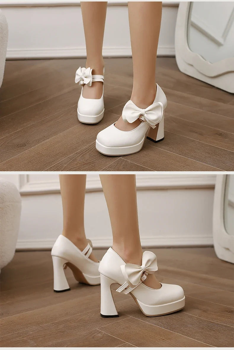 Plus Size Women's Bow Mary Janes Platform Chunky Heels Ankle Strap High Heel Pumps Sweet Lolita Party Dress Shoes