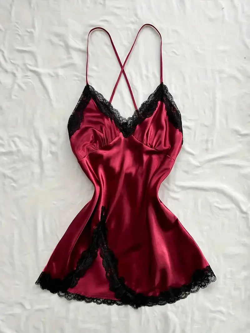 V-neck Lace Camisole Nightgown Hot Backless Sexy Women Sleepwear Short Silk Sleep Shirts Elegant Pajamas Lingerie Night Dress