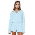 Women Fall 2 Piece Pajamas Set Solid Color Button up Long Sleeves Shirt and Elastic Shorts for Loungewear Soft Sleepwear