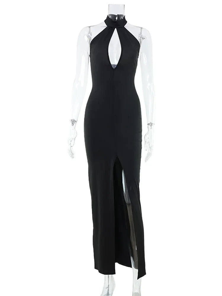 Ahagaga Sexy Halter Women's Maxi Dresses Solid Hollow Out Sheath High Split Party Backless Elegant Tight Fitting Hip Hugging