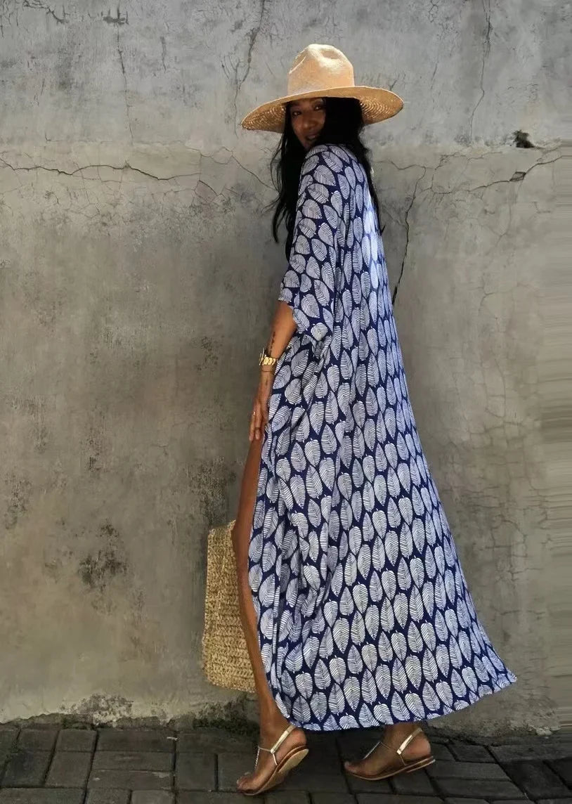 2024 New Summer Sexy Beach Kimono Swimwear Cotton Cover Up Swimsuit Women Print Bikini Cover Up Beachwear Dress Robe