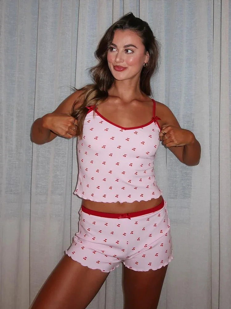Women’s Kawaii 2 Piece Pajama Set Cherry Print Sleeveless Cami Top and Shorts Soft Sleepwear Loungewear Nightwear Outfit