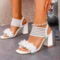 Fashion Flowers High Heel Sandals Women Summer Elastic Strap Slip On Thick Heeled Sandals Woman Plus Size Square Toe Party Shoes