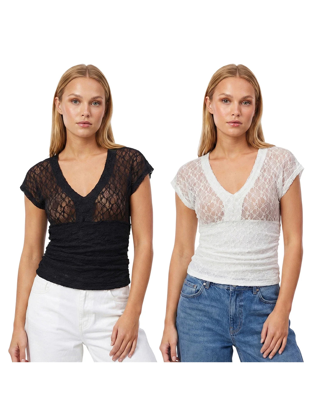 Women Summer Sheer Lace Tops Slim Fit V Neck Cap Sleeve Ruched Slim Crop Shirts Going Out Office Party Sexy T-shirt
