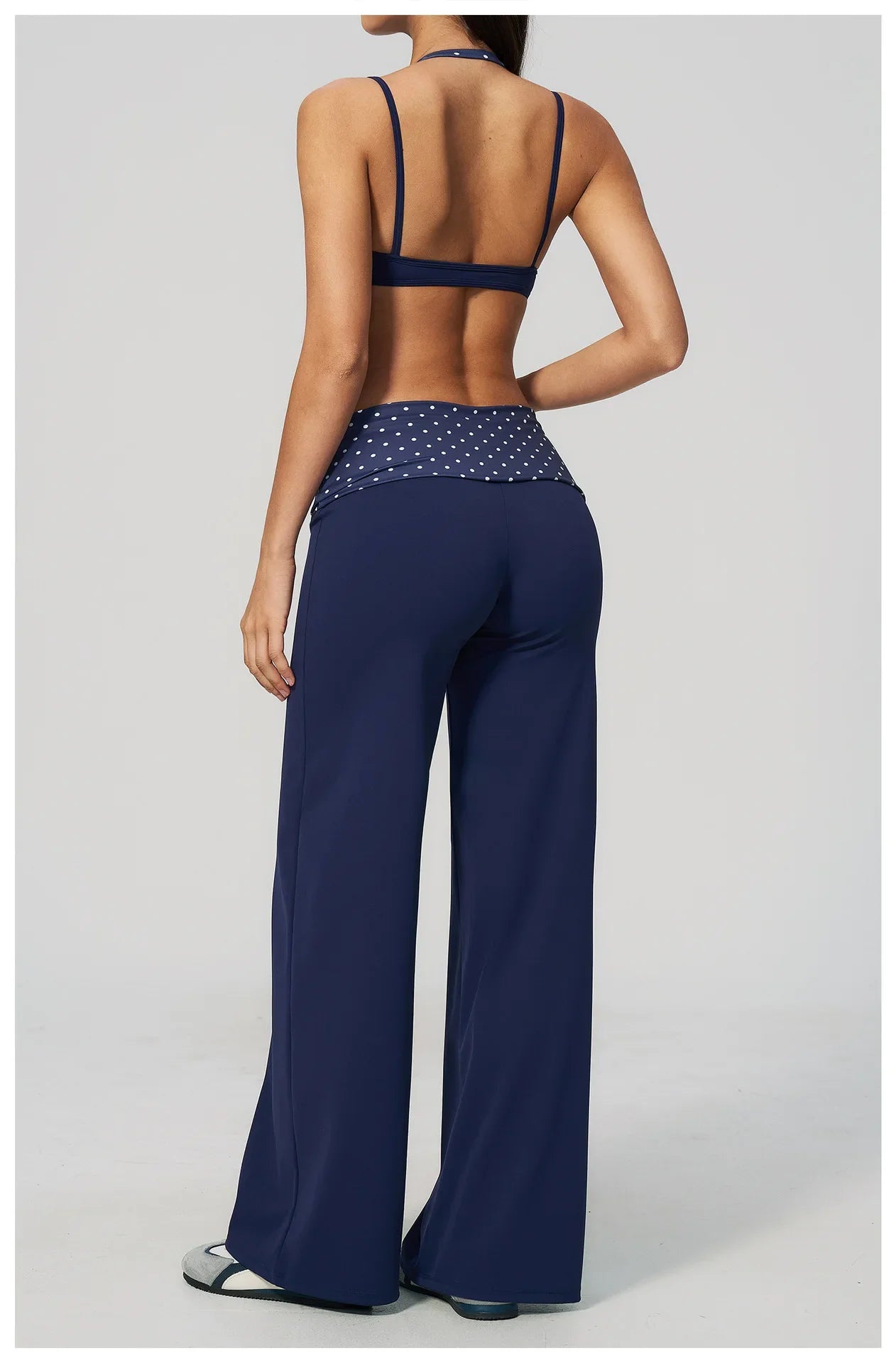Fake Two-piece Sports Bra Yoga Sets Women Coffee Striped Patchwork Folding High Waist Wide Leg Pants Gym Running Fitness Suits