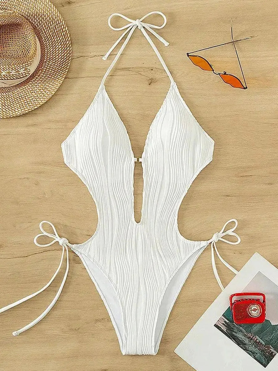 Sexy Halter V Neck Wrinkled Female Swimwear One Piece Swimsuit Women Backless Monokini High Leg Cut Bathing Suit Swim Beach Wear