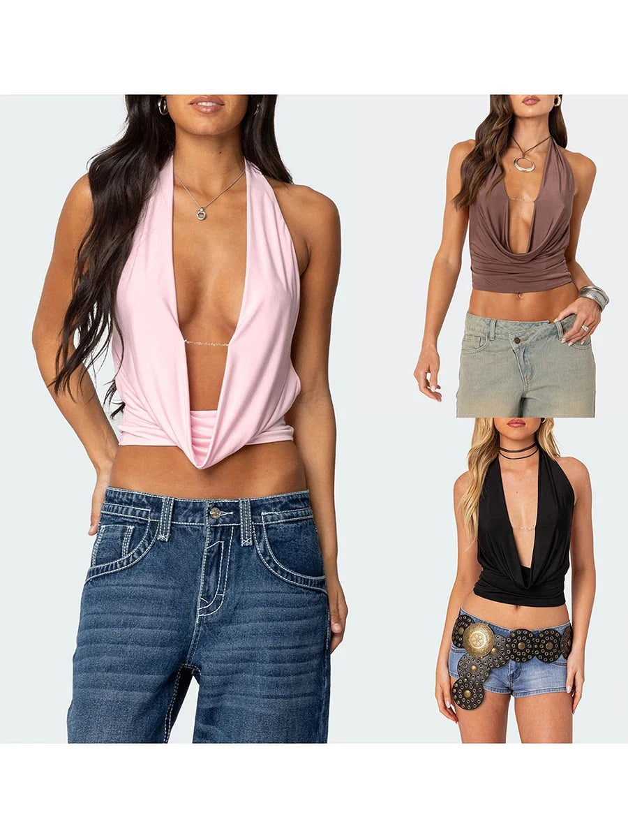 Women's Solid Color Cropped Halter Neck Cami Tops Sleeveless Open Back Deep V Neck Slim Fit Tank Tops