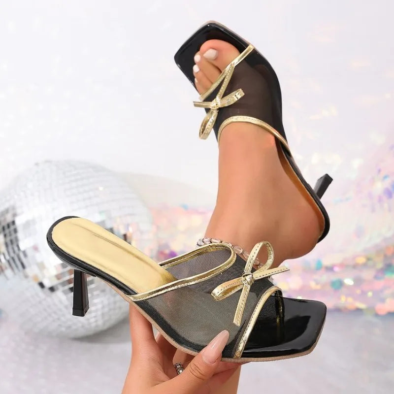 Female Round Toe Ladies Heels Slippers Shoes Butterfly-Knot Fashion Mesh Women Heeled Slippers Slides Sandals Shoes Pumps