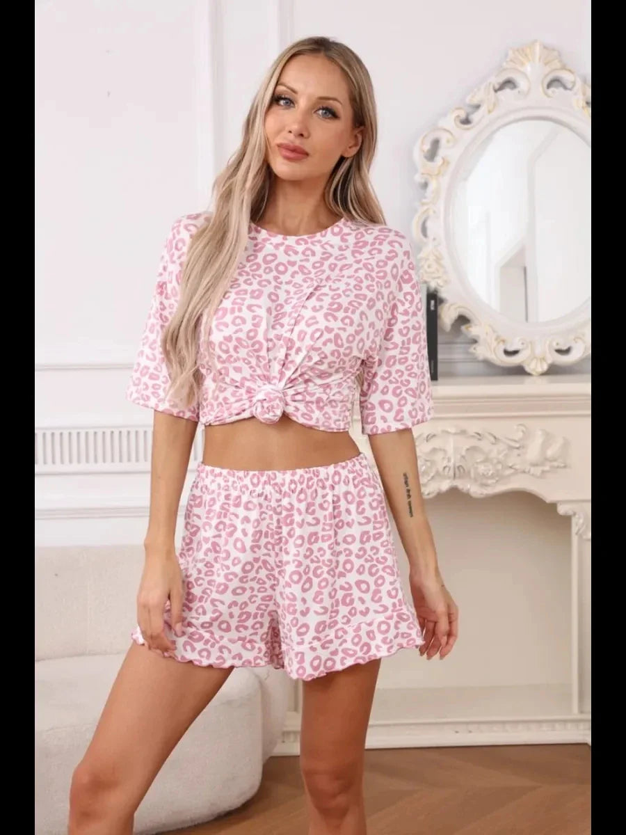 Leopard Print Pajama Set for Women Summer Sexy Crop Top and Shorts Loungewear Loose Short Sleeve Sleepwear Home Outfit