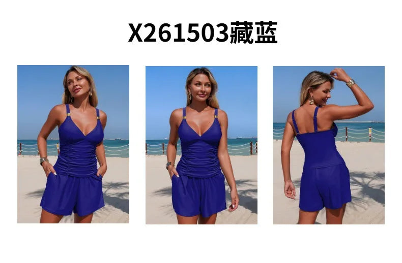 Green Black Pocket Short Two Piece Swimsuit Women V Neck Pleate Tank Top High Waist Tankini Set Beach Bathing Suit Swimwear 2026